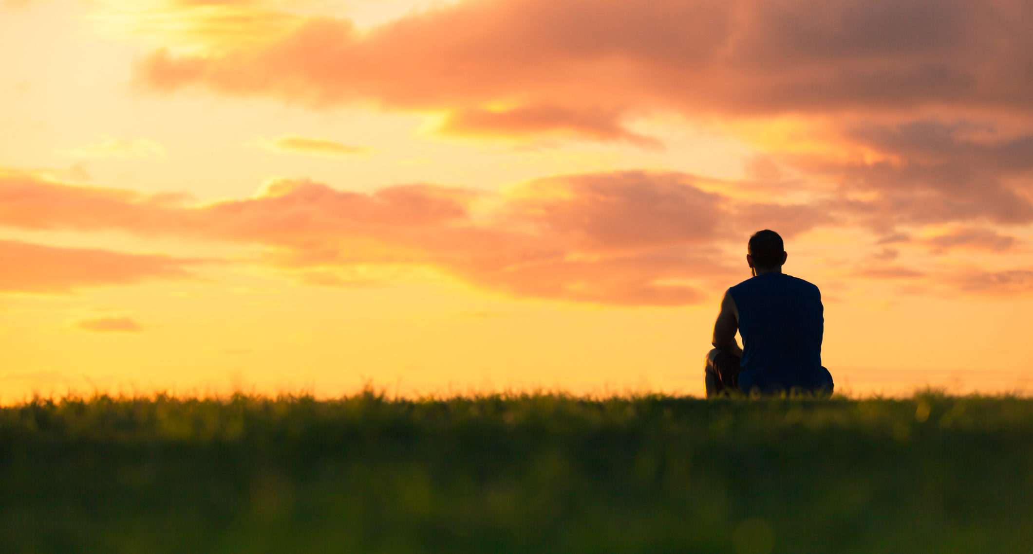 A man sitting in a meadow with the setting sun in the background