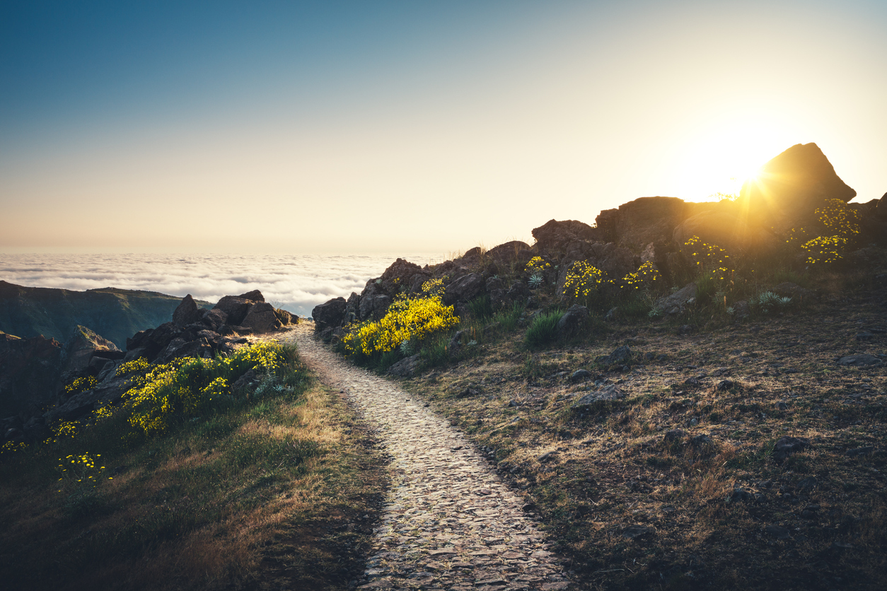 Stone hiking trail on Pico de Arieiro at sunrise