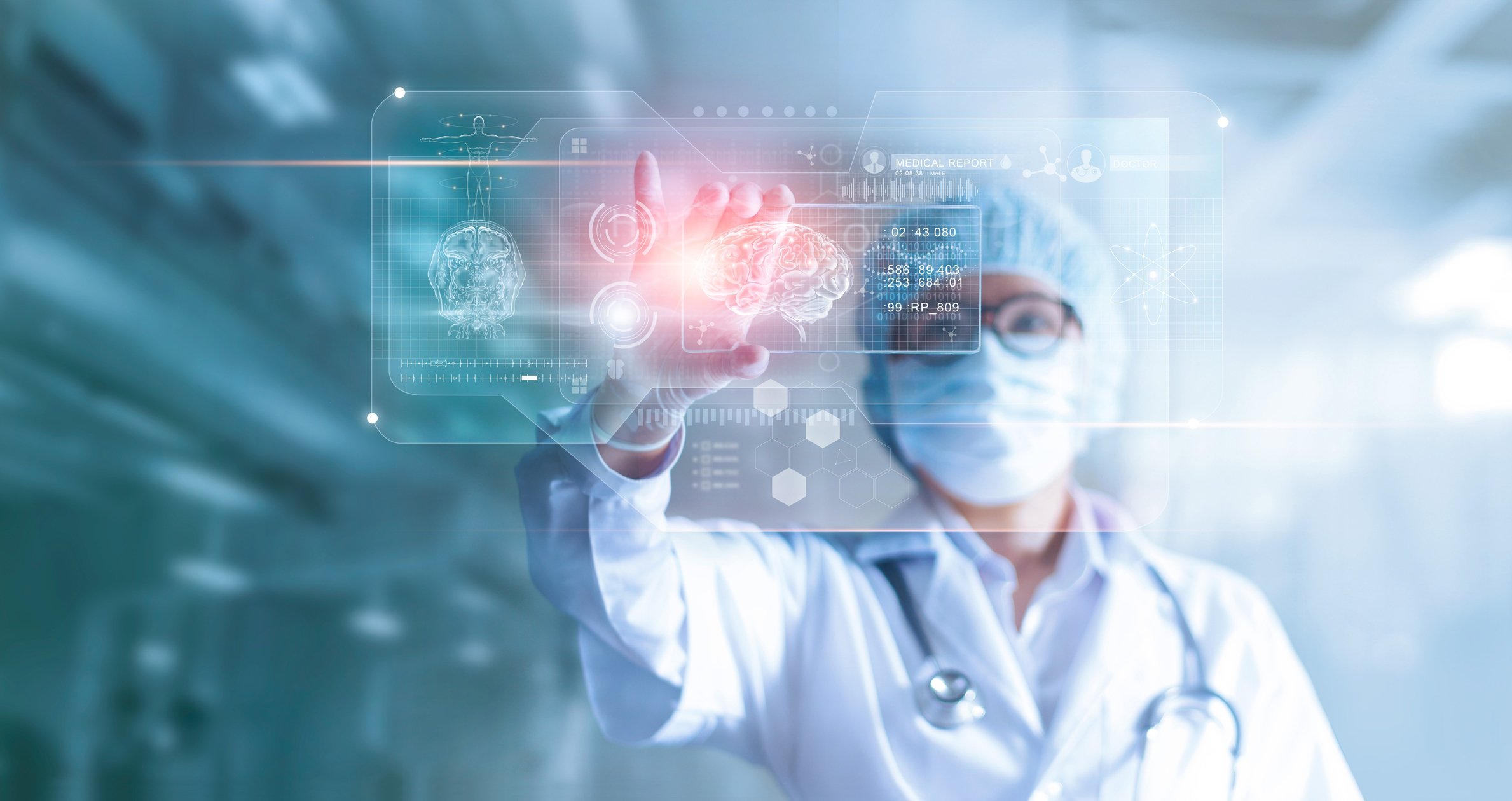 Doctor analyzing patient brain testing result and human anatomy on technological digital futuristic virtual computer interface
