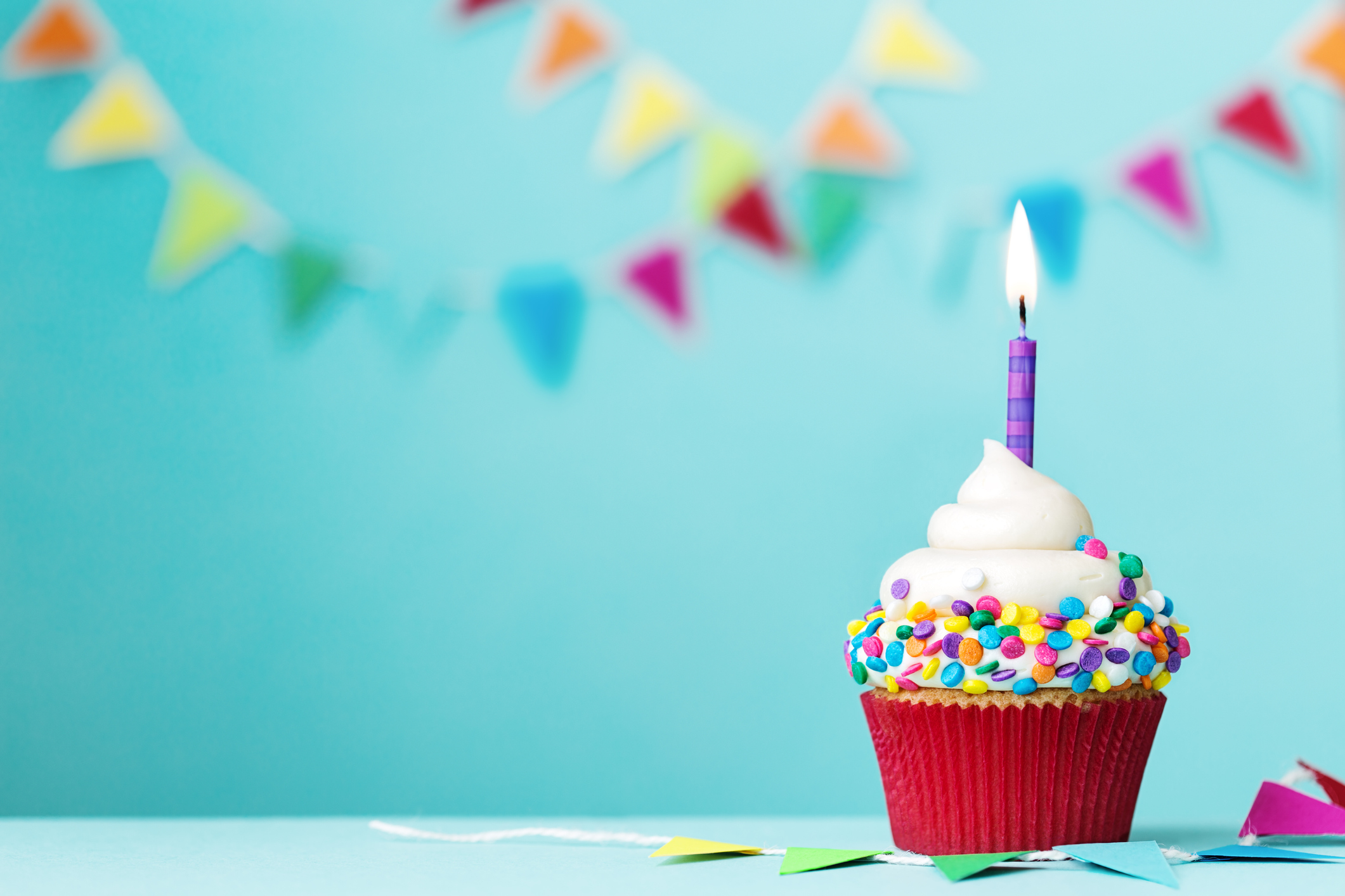 Colorful cupcake with single birthday candle