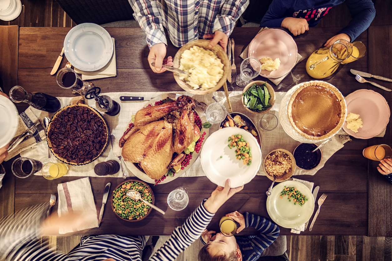 The table is covered with food